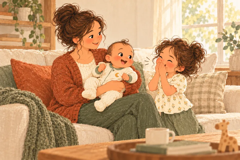 Fictional illustration of Lucy making a pretend sneeze as her baby brother laughs in their mother’s arms