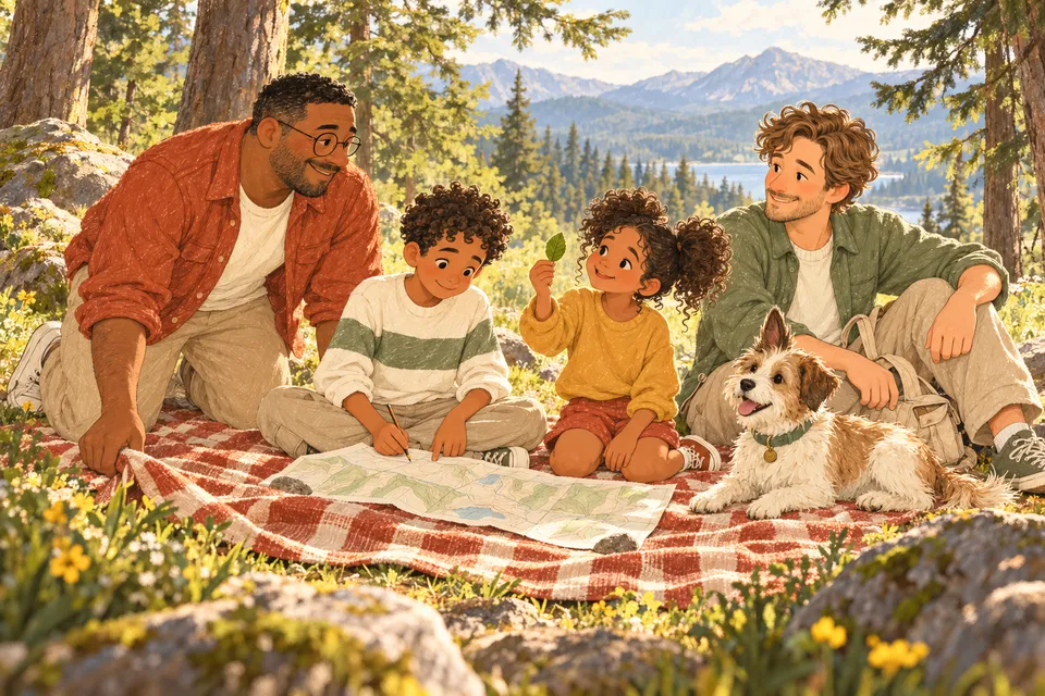 Fictional illustration of Ivy holding her leaf compass as her family makes a picnic from a wrong turn