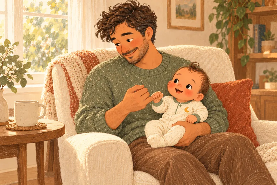Fictional illustration of Ben sitting with awake baby Oliver holding his finger