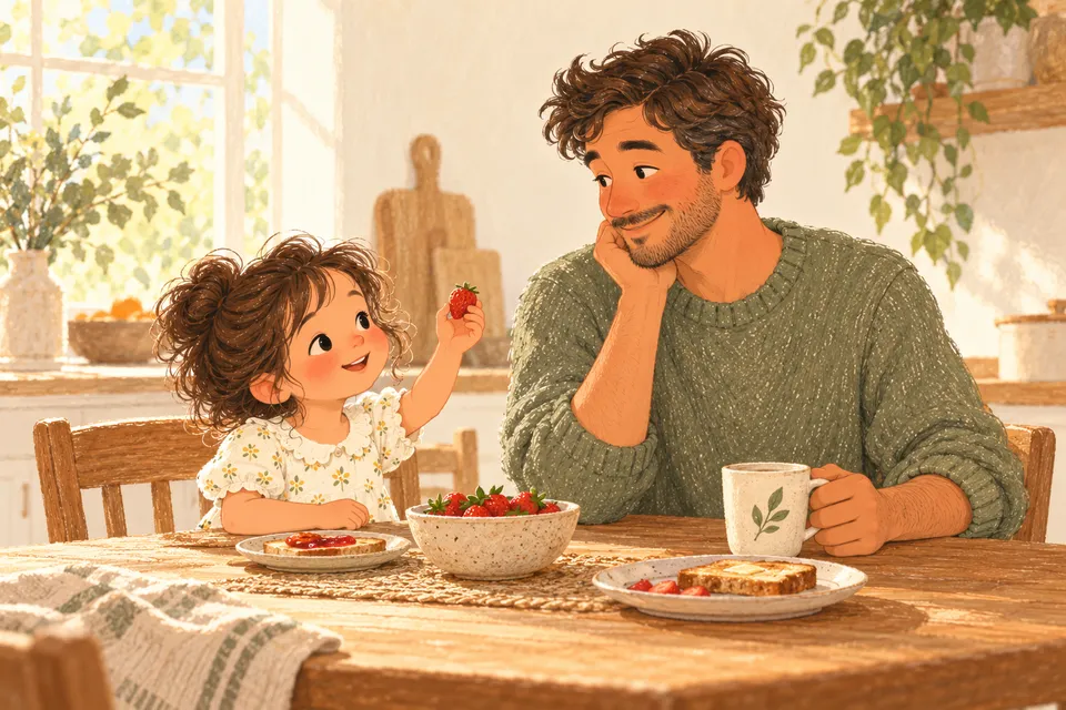 Fictional illustration of Lucy offering her dad a tiny strawberry at breakfast