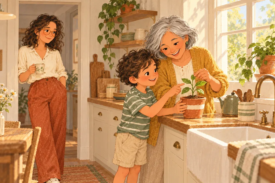 Fictional illustration of Nico and Rosa counting new leaves on their familiar kitchen-window plant